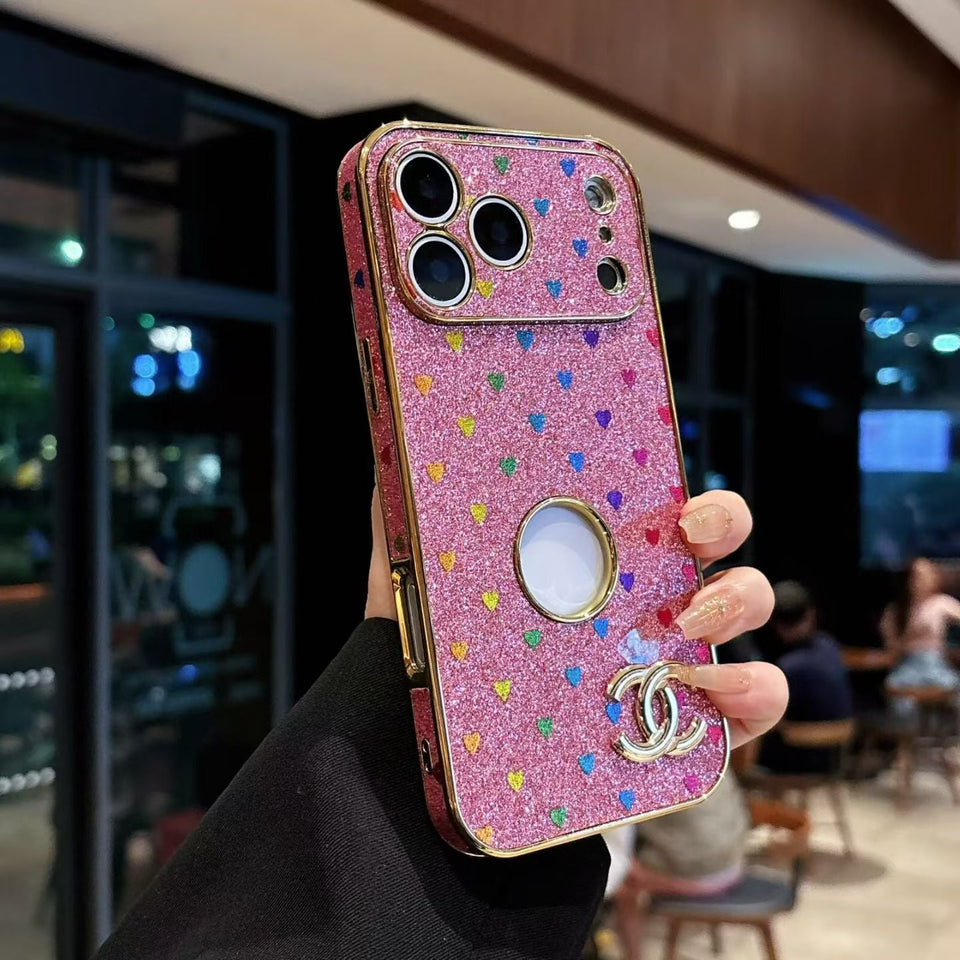cc Glitter Heart Luxury Phone Case for iPhone 17 with Iconic Double-C Logo
