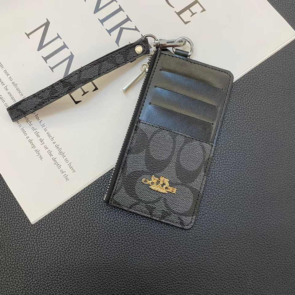 Coach Signature Zip Card Holder Wallet with Wrist Strap Compact Luxury Card Case