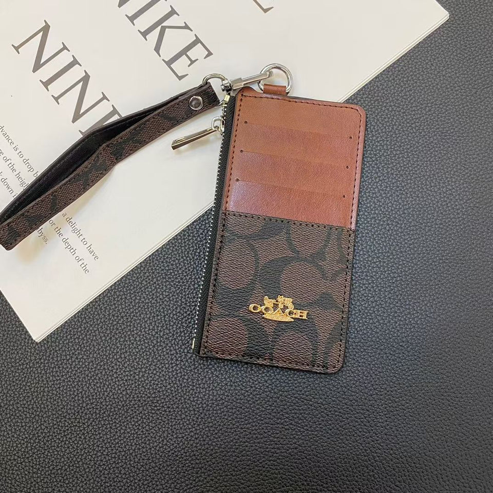 Coach Signature Zip Card Holder Wallet with Wrist Strap Compact Luxury Card Case