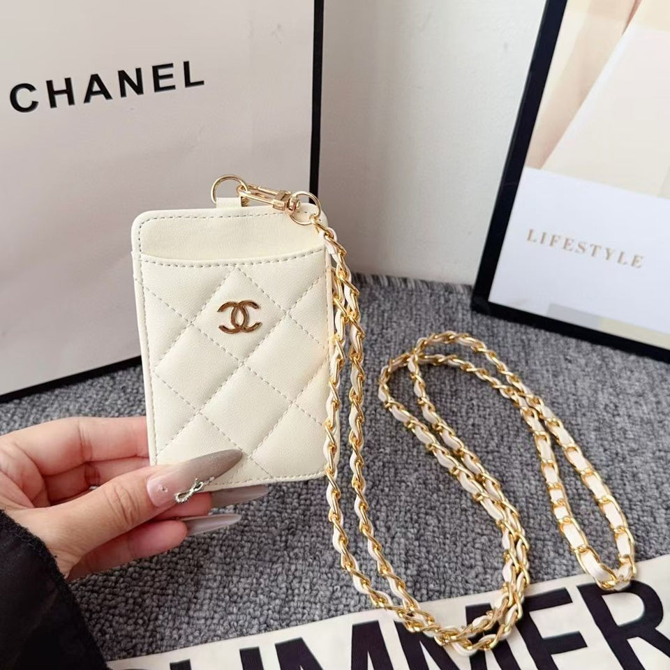 cc Quilted Leather Card Holder with Chain Strap Luxury Designer Card Case