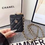 cc Quilted Leather Card Holder with Chain Strap Luxury Designer Card Case