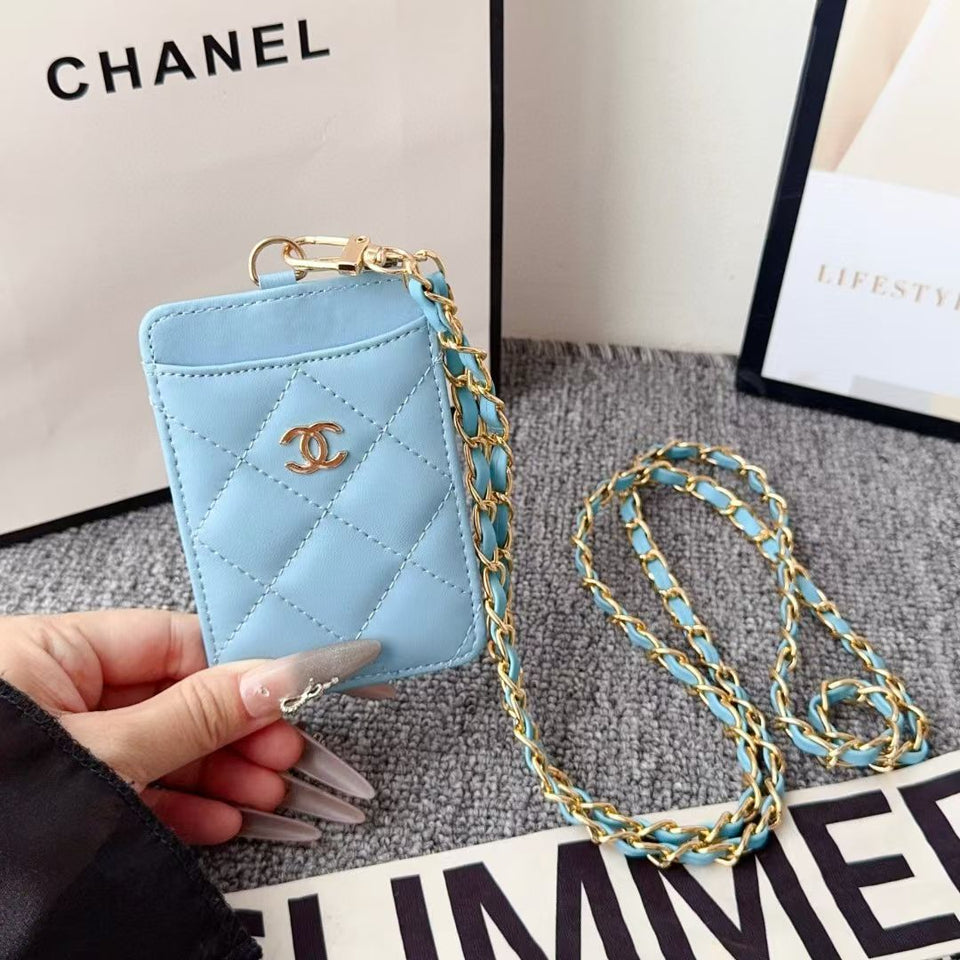 cc Quilted Leather Card Holder with Chain Strap Luxury Designer Card Case