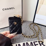 cc Quilted Leather Card Holder with Chain Strap Luxury Designer Card Case