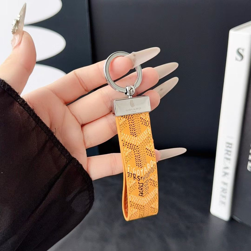 Goyard Signature Canvas Keychain with Leather Strap Luxury Designer Key Holder Available in 7 Colors