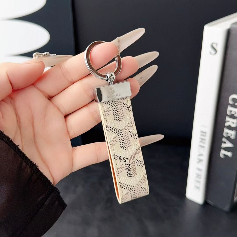 Goyard Signature Canvas Keychain with Leather Strap Luxury Designer Key Holder Available in 7 Colors