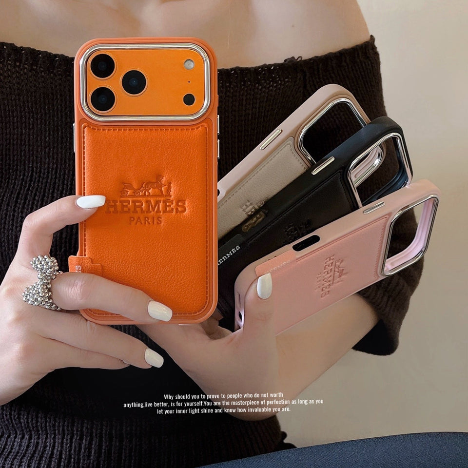 Hermès Leather Wallet Phone Case with Card Holder for iPhone 13 to iPhone 17 Pro Max