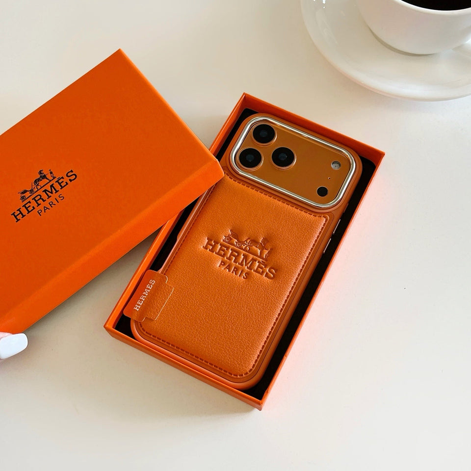 Hermès Leather Wallet Phone Case with Card Holder for iPhone 13 to iPhone 17 Pro Max