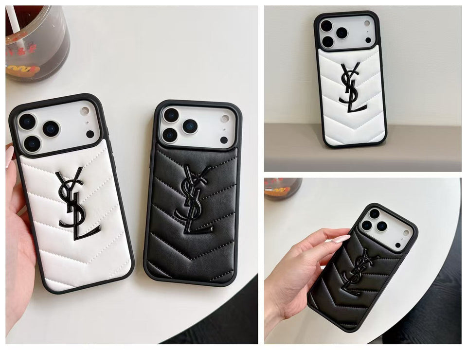 Yves Saint Laurent Quilted Logo Luxury Case for iPhone 13 to 17 Pro Max