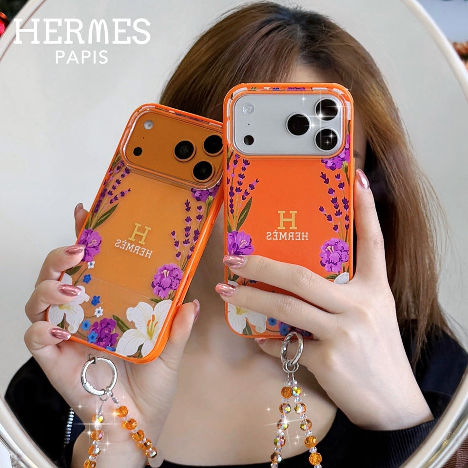 Hermès Floral Signature Case with Wrist Charm for iPhone 13 to 17 Pro Max