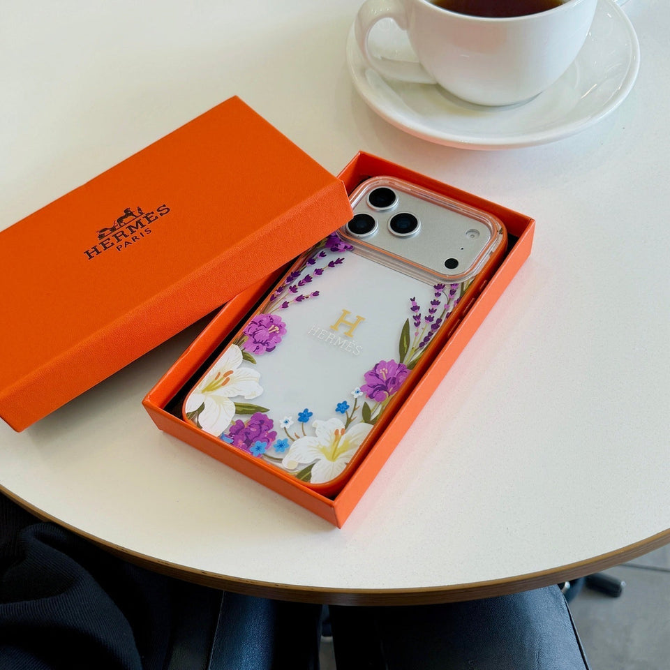 Hermès Floral Signature Case with Wrist Charm for iPhone 13 to 17 Pro Max
