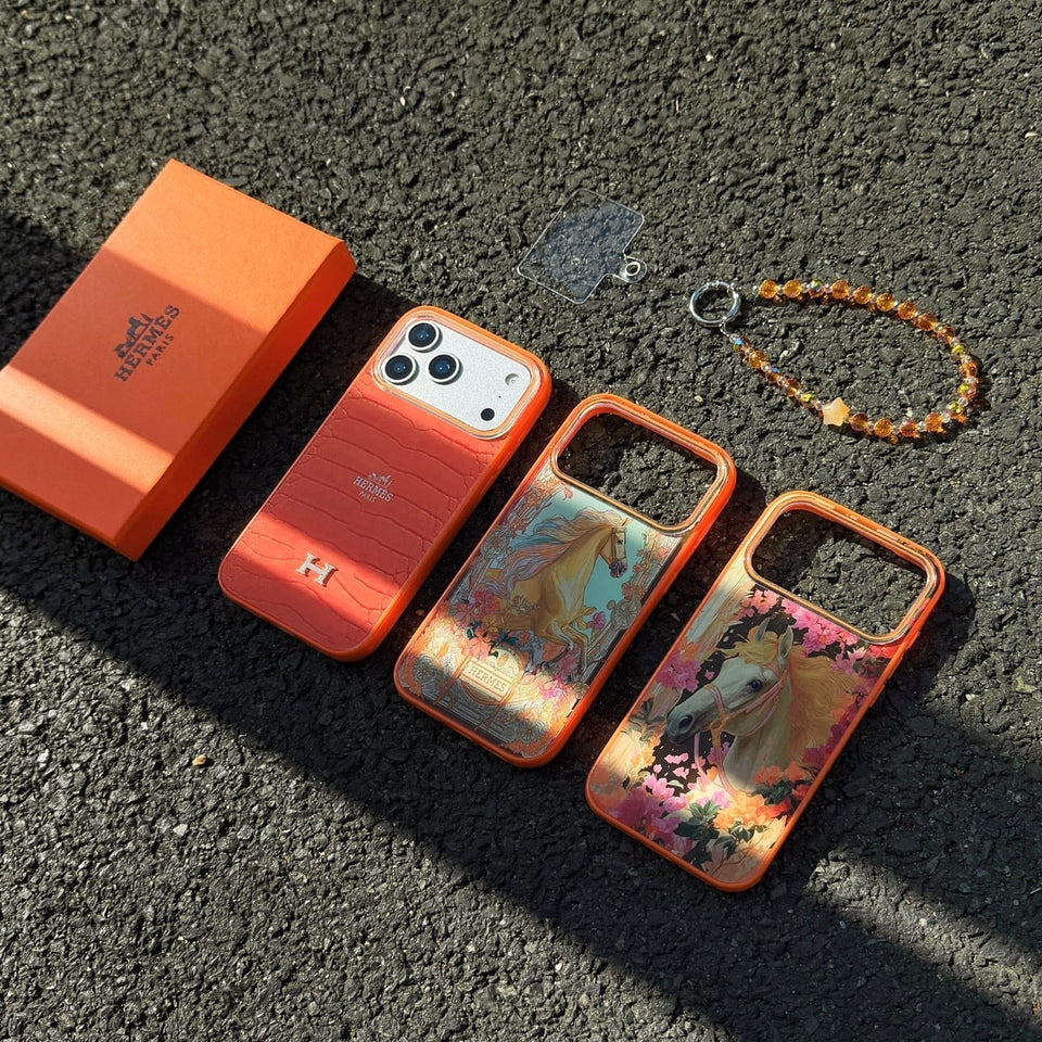 Hermès Horse Art Orange Designer iPhone Case with Wrist Chain Descript