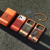 Hermès Horse Art Orange Designer iPhone Case with Wrist Chain Descript