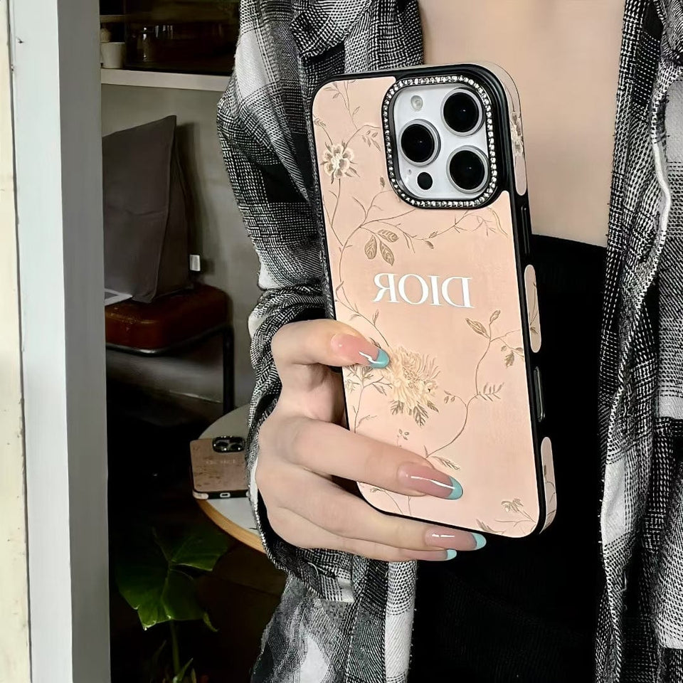 Tunde Store Dior Floral Embossed Leather iPhone Case with Rhinestone Camera Frame