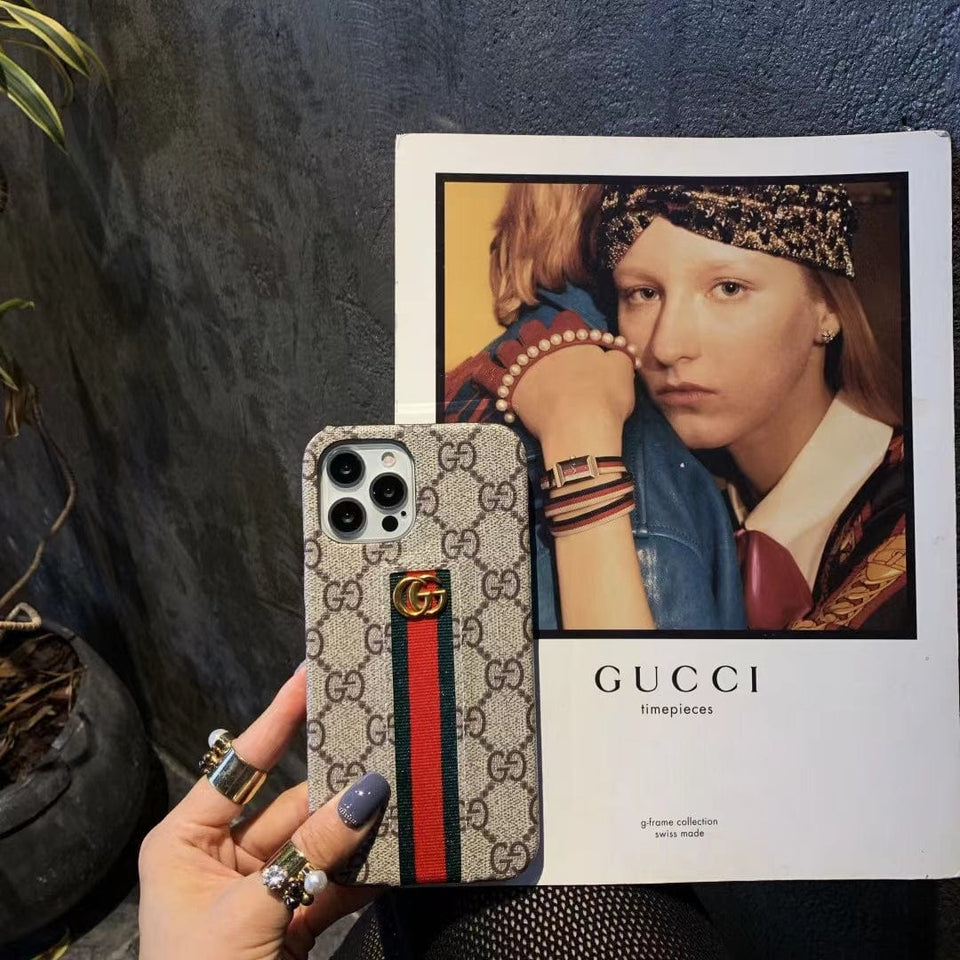 Tunde Store Gucci Monogram Canvas iPhone Case with Stripe Detail