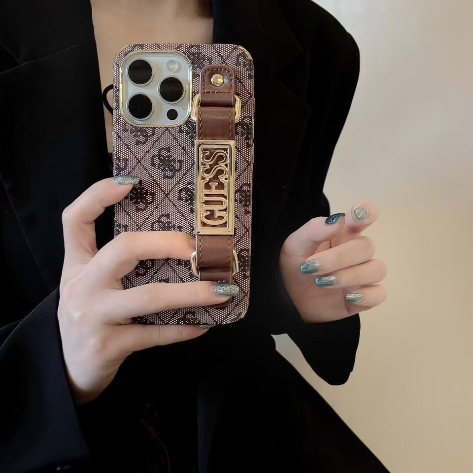 Tunde Store GUESS Monogram Canvas Strap iPhone Case with Gold Logo Plate