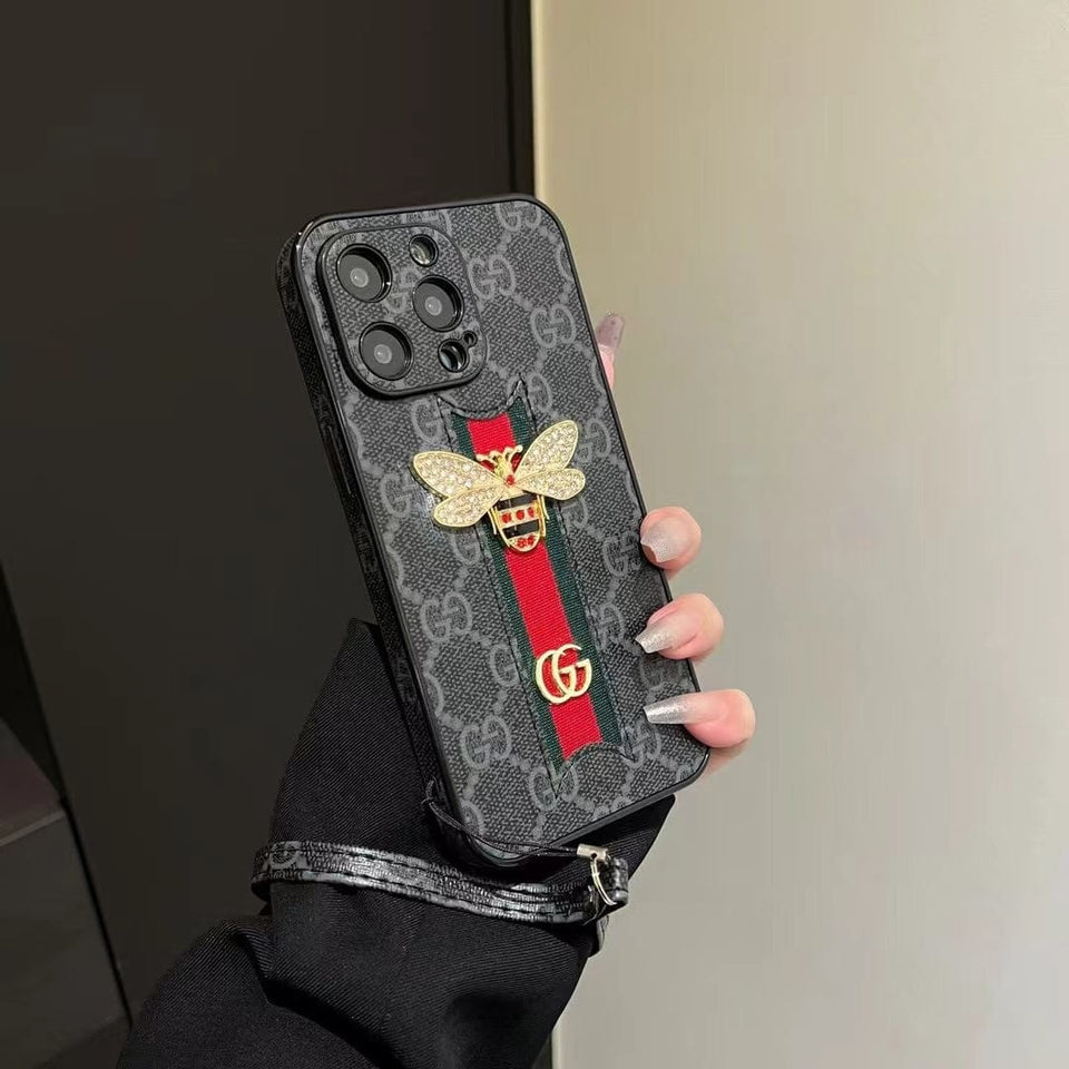 Tunde Store Luxury Bee Emblem Designer Phone Case for iPhone 11 to 16 with Wrist Strap