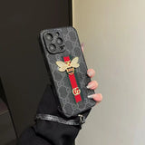 Tunde Store Luxury Bee Emblem Designer Phone Case for iPhone 11 to 16 with Wrist Strap