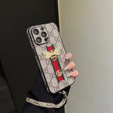 Tunde Store Luxury Bee Emblem Designer Phone Case for iPhone 11 to 16 with Wrist Strap