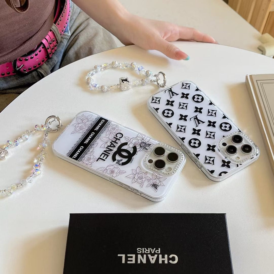 Tunde Store Luxury Monochrome iPhone Case Set – Louis Vuitton & Chanel Inspired with Beaded Strap