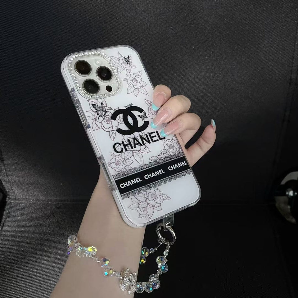 Tunde Store Luxury Monochrome iPhone Case Set – Louis Vuitton & Chanel Inspired with Beaded Strap