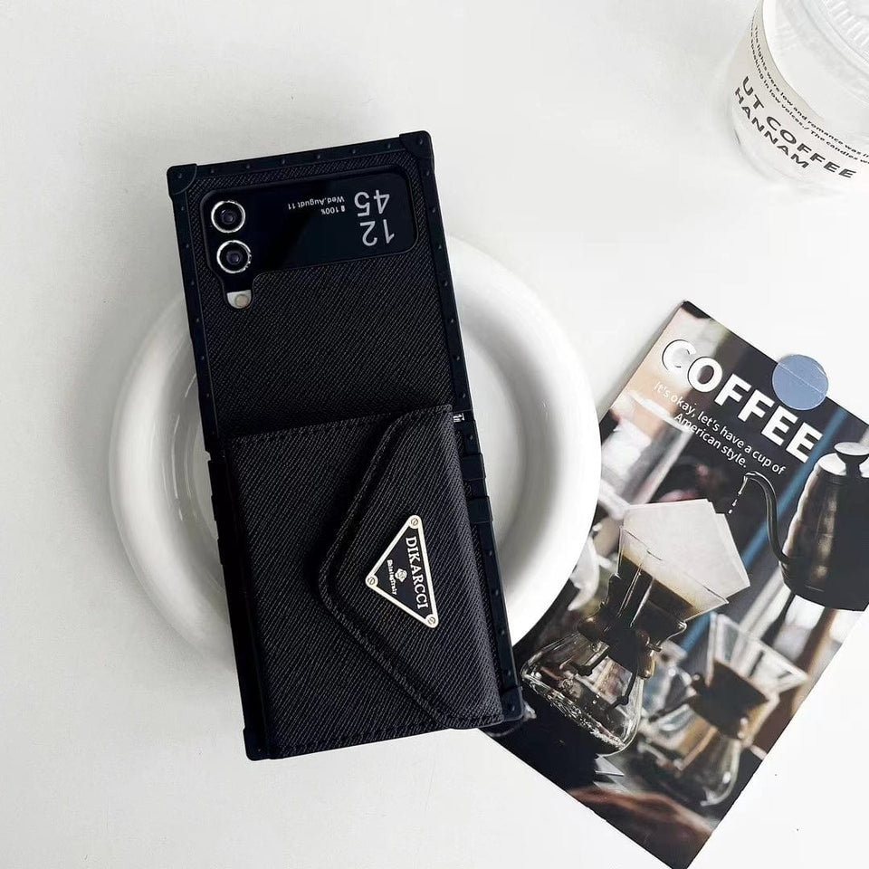 Tunde Store Prada Black Leather Z Flip 3 Cover | Z Flip 4 | Z Flip 5